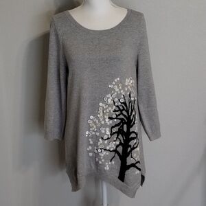 Anthropologie HWR Monogram Tree Sweater Button Gray Long  Size Medium